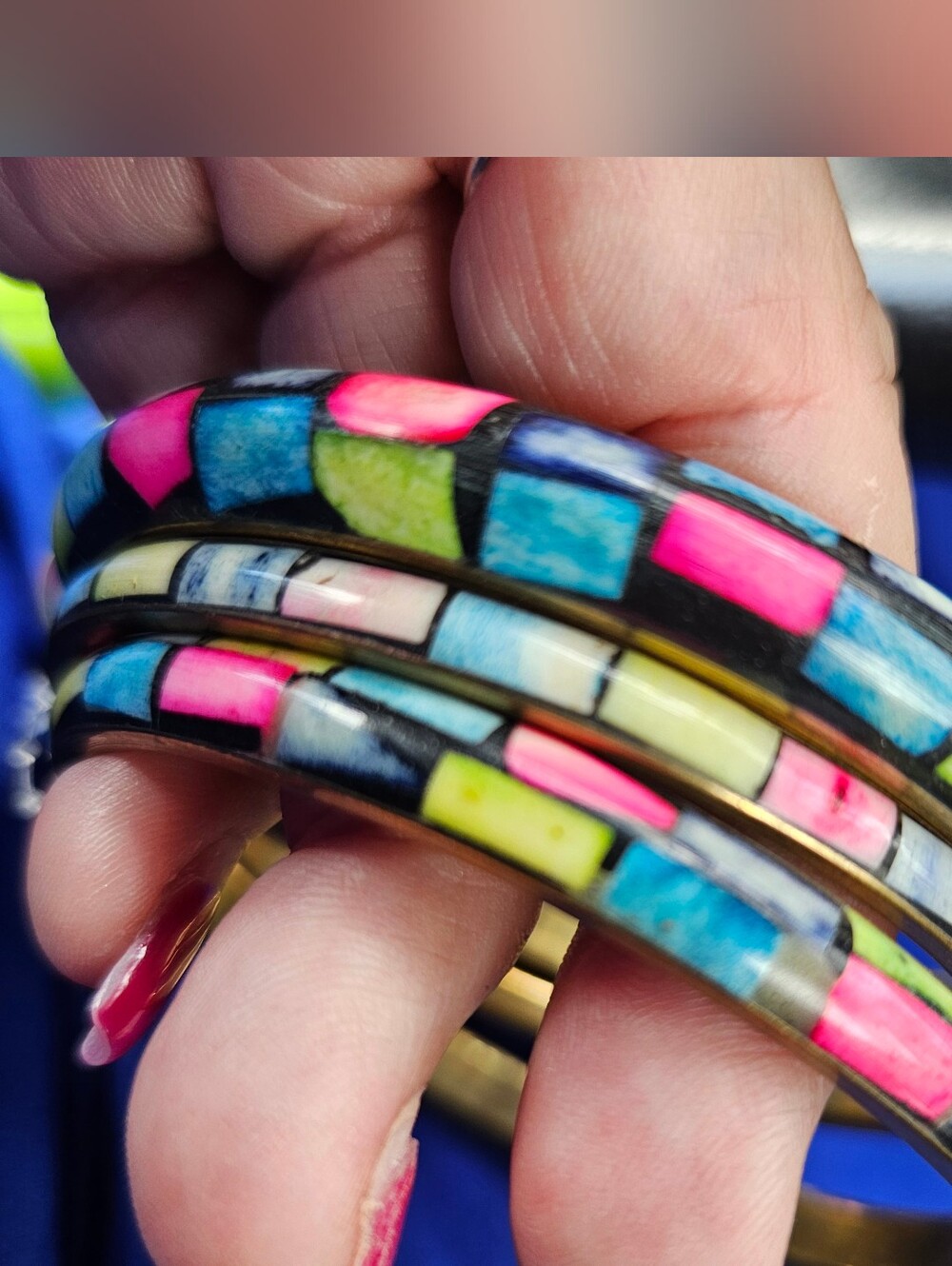 Mosaic Bangle Bracelets, Brass And Mosaic Bangles X3 - Picture 1 of 3